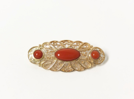 Handvervaardigd Antiek Gouden Broche Cabochon Geslepen Gelakt Bloedkoraal