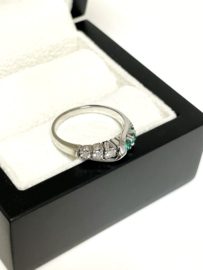 Witgouden Bijzet Ring Briljant Geslepen Diamant / Smaragd