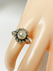 14 K Antiek Gouden Rozet Ring Zoetwater Parel Roos Geslepen Diamant