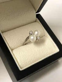 14 Karaat Witgouden Toi et Moi Ring - Parels / 0.20 ct Diamant F/IF