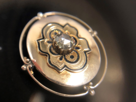 14 K Antiek Gouden Broche Emaille / Roosgeslepen Diamant