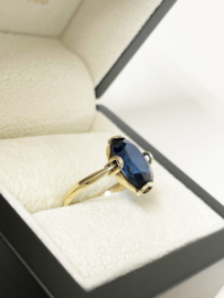 Antiek Handgemaakt 14 K Gouden Ring Ovaal Geslepen Blauw Saffier