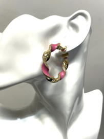14 Karaat Gouden Twister Creolen Met Roze Emaille - 4.5 cm / 8 g / 7 mm