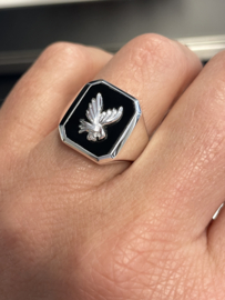 Massief Zilveren Heren Ring Onyx / Adelaar - Mt 19