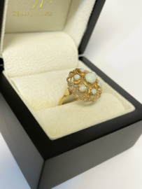 14 K Antiek Gouden Rozet Ring Cabochon Geslepen Witte Opaal - Mt 16.5