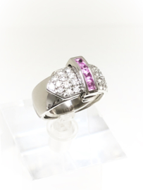 18 K Witgouden Bandring Briljantgeslepen Diamant Caré Geslepen Roze Saffier