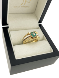 Vintage 18 Karaat Bicolor Fantasie Ring Briljant Geslepen Diamant / Smaragd