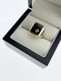 14 K Gouden Heren Zegelring Onyx / Diamant Model 8-Kant