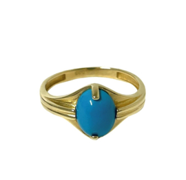 Vintage 14 K Gouden Dames Ring Cabochon Blauwe Ovaal Turkoois