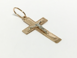 14 K Rosé Gouden Hanger Kruis Met Jezus Figuur (Witgoud) - 3,7 cm