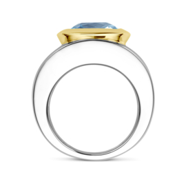 14 Karaat Geelgoud op Gerhodineerd  Zilveren Brede Ring - Sky Blue Topaas