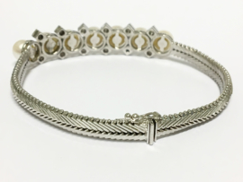 14 K Witgouden Visgraat Armband Cultivé Parels 0.24 crt Briljantgeslepen Diamant - 19,5 cm / 30,45 g
