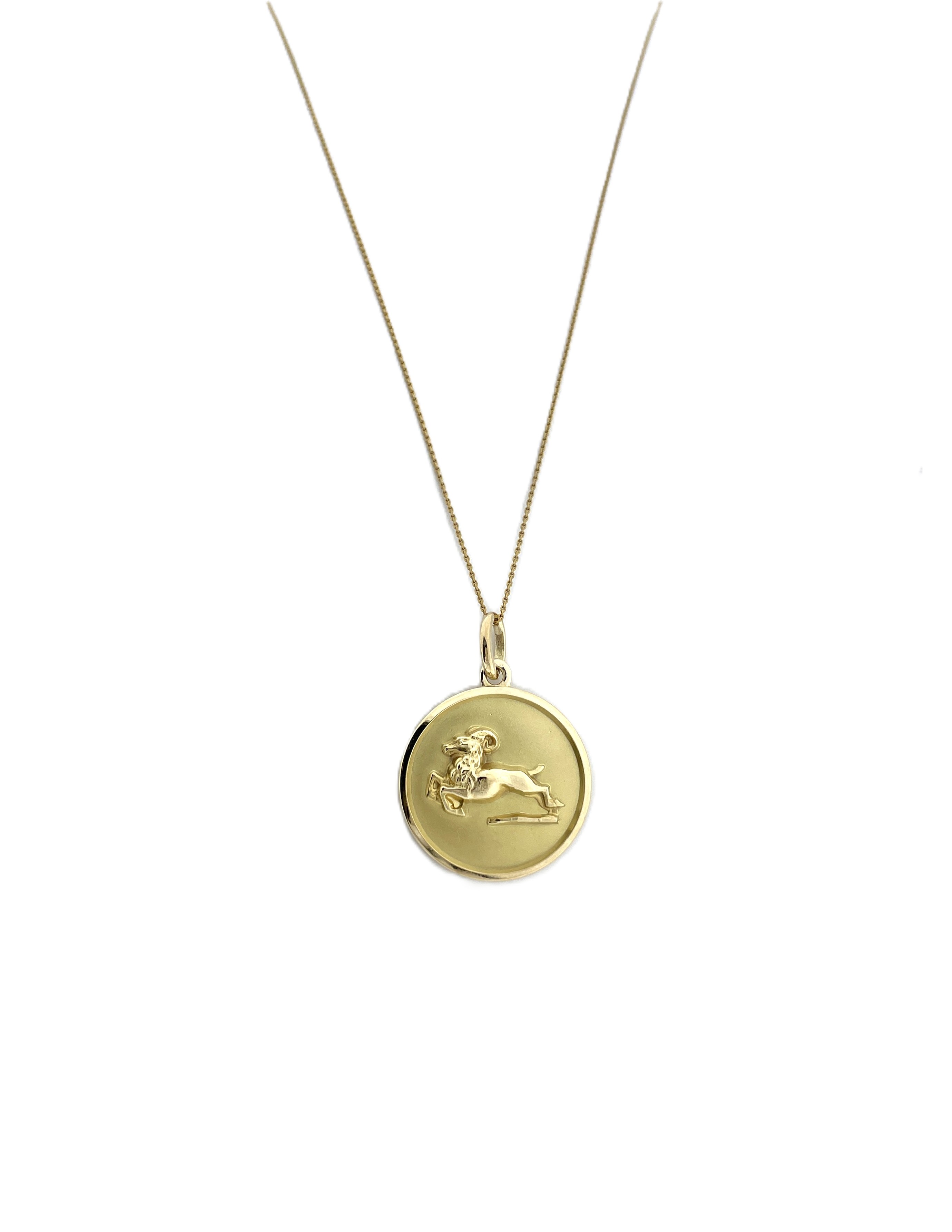 14 Karaat Massief Gouden Sterrenbeeld Ronde Plaat Hanger Steenbok - 3D Verdiept