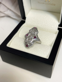 Art Deco Witgouden Prinsessen Ring 0.65 ct Diamant / Robijn - Jaren 30