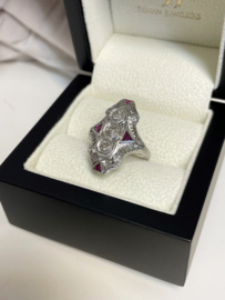 Art Deco 18 K Witgouden Prinsessen Ring 0.65 crt Diamant / Robijn - Jaren 30
