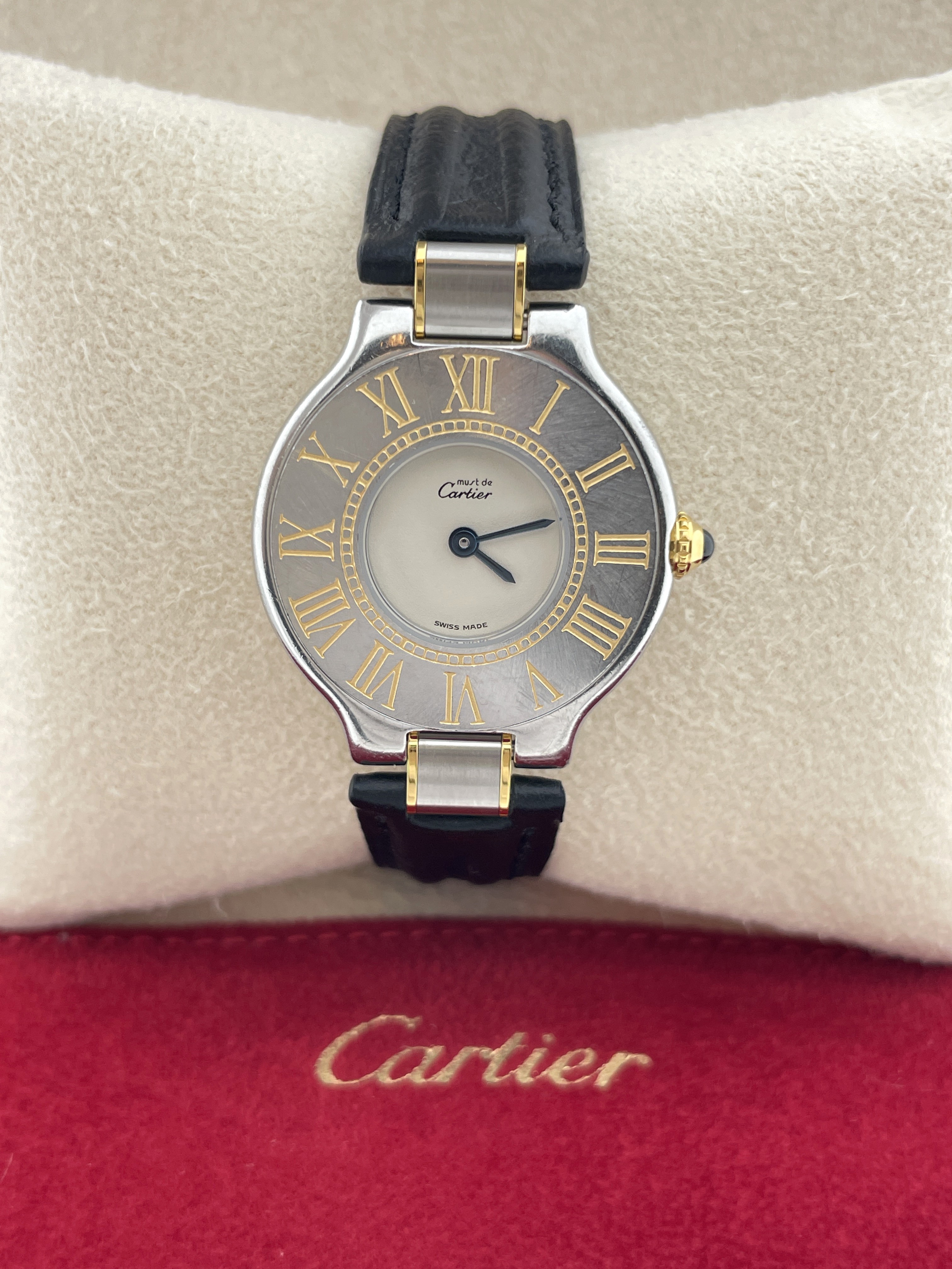 Must de Cartier 21 Black Calf Strap Small Model Staal Incl Travel Pouch/Papers - Garantie