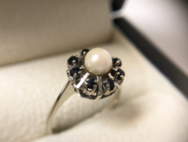 Antiek Witgouden Rozet Ring Parel / Saffier