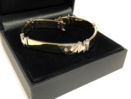 14 K Bicolor Gouden Plaat Schakel Armband Onyx Diamant - 19,5 cm / 26,3 g
