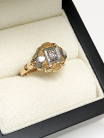 Art Deco 18 K Bicolor Gouden Ring 0.12 Briljantgeslepen Diamant  I / SI2- P
