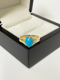 Vintage 14 K Gouden Dames Ring Cabochon Blauwe Ovaal Turkoois