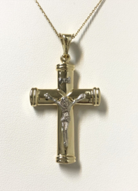 14 K Bicolor Gouden hanger - Kruis met Jezus Figuur 4,5 cm