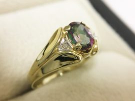 14 K Gouden Ring Ovaal Multicolor Spinel en Diamant