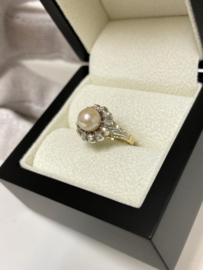 14 K Antiek Gouden Rozet Ring Zoetwater Parel Roos Geslepen Diamant
