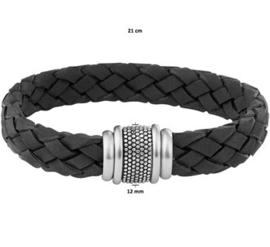 Gevlochten Leren Armband  (staal) 21 cm / 12 mm
