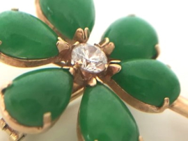 Antiek  Gouden Bloem Broche Jade / Briljantgeslepen Zirkonia