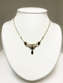Antiek 14 K Gouden V- Collier Hanger Facet Geslepen Rhodoliet - 41 cm