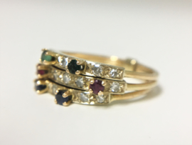 18 K Gouden 3-Band Ring 0.30 crt Diamant Robijn Saffier Smaragd