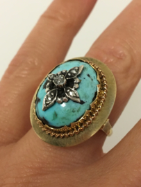 Grote Antiek Gouden Entourage Ring Turkoois / Roosgeslepen Diamant