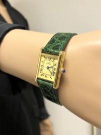 Must de Cartier Tank Quartz Roman Dial Dames Polshorloge Goud / Croco Groen