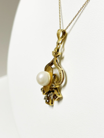 18 K Antiek Gouden Hanger Cultivé Parel / Briljant Geslepen Saffier