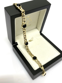 14 K Gouden Gourmette Schakel Armband Cabochon Onyx - 19 cm / 16.2 g / 5-8 mm