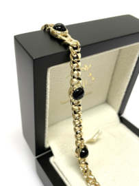 14 K Gouden Gourmette Schakel Armband Cabochon Onyx - 19 cm / 16.2 g / 5-8 mm