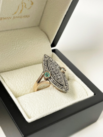 Handvervaardigd Antiek 12 Karaat Markies Ring Diamant / Smaragd