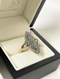 Handvervaardigd Antiek Gouden Markies Ring Diamant / Smaragd