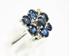 14 K Witgouden Fantasie Ring Ovaal Geslepen Koningsblauw Saffier en Briljantgeslepen Diamant