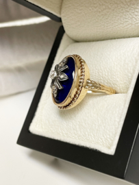 Antiek 14 K Gouden Ring Blauw Glas / Roos Geslepen Diamant