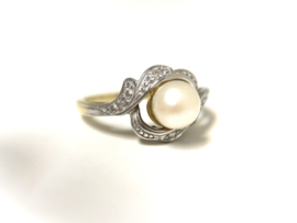 Antiek 14 Karaat Bicolor Gouden Slagring Parel / Diamant