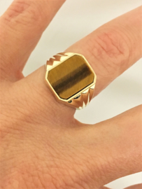 14 K Gouden Zegelring Tijgeroog (8-Kant)