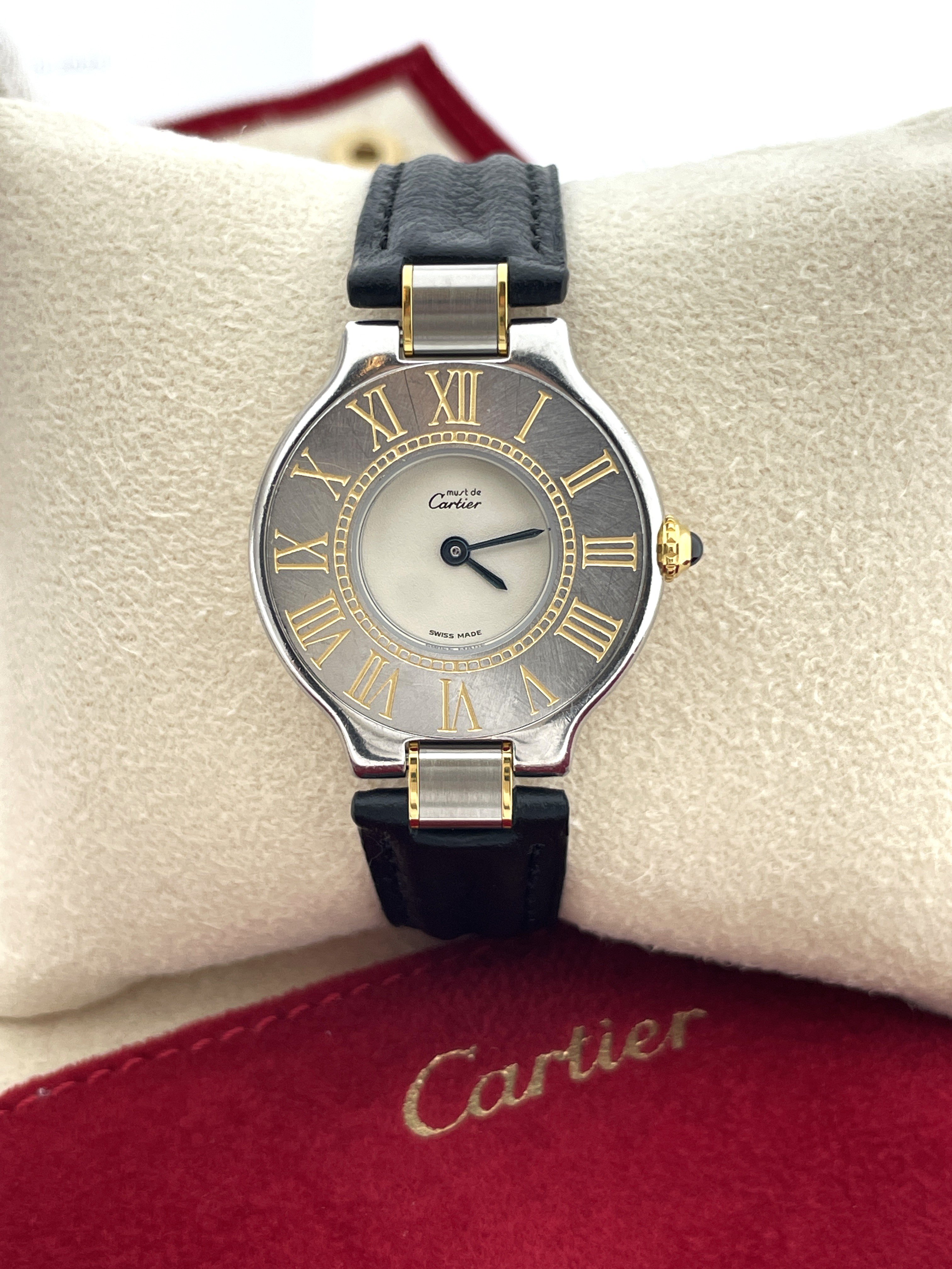 Must de Cartier 21 Black Calf Strap Small Model Staal Incl Travel Pouch/Papers - Garantie