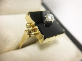 14 K Antiek Gouden Dames Zegelring - Onyx / Roosdiamant