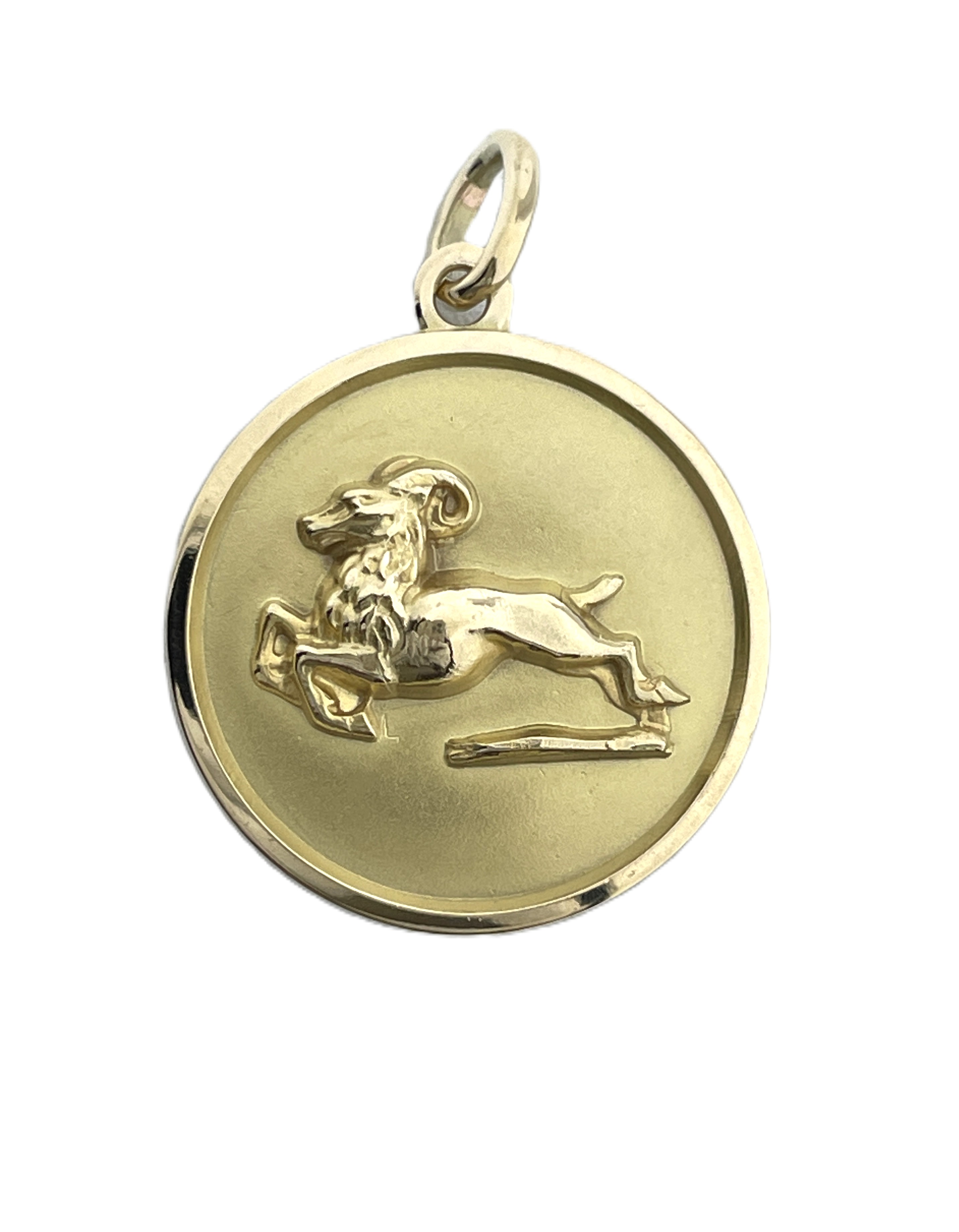 14 Karaat Massief Gouden Sterrenbeeld Ronde Plaat Hanger Steenbok - 3D Verdiept