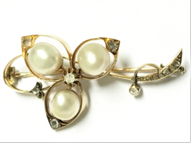 Antiek 14 K Gouden Broche Roos Diamant, Oud Europees Slijpsel en Parels - ca 1900