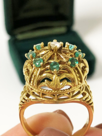 Royale 18 K Gouden Vintage Franklin Mint Fabergé Ring Diamant / Smaragd