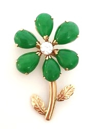 Antiek  Gouden Bloem Broche Jade / Briljantgeslepen Zirkonia