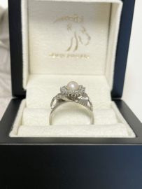 18 K Witgouden Rozet Ring 0.50 Crt Briljant Geslepen Diamant / Parel