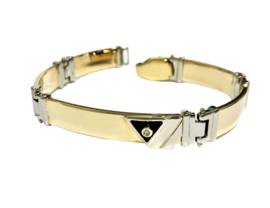 14 K Bicolor Gouden Plaat Schakel Armband Onyx Diamant - 19,5 cm / 26,3 g